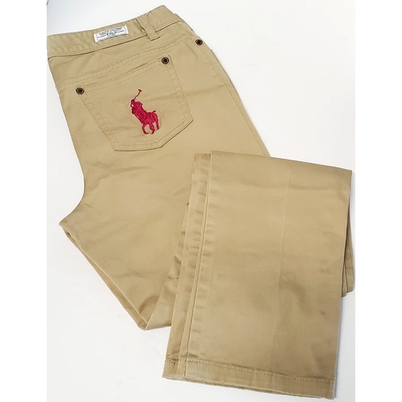 Ralph Lauren Chinos Classic POLO Big Pony Pink Pocket Tan Pants 16 Girls Stretch - Picture 1 of 11